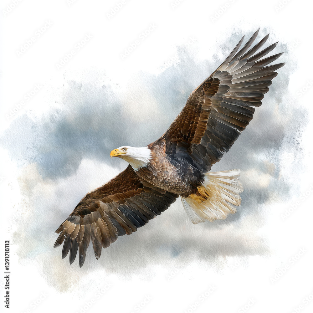 Fototapeta premium majestic eagle soars gracefully through sky, its wings spread wide in stunning watercolor depiction. intricate details of its feathers and soft background create serene atmosphere