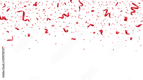 Red confetti and ribbon on transparent background. Falling red confetti celebration element. Vector illustration