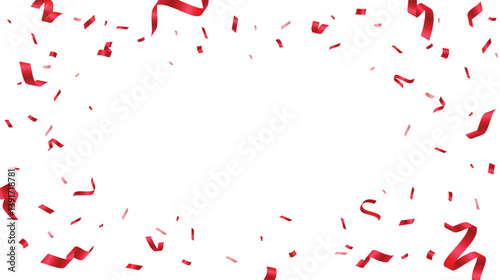 Red confetti and ribbon on transparent background. Falling red confetti celebration element. Vector illustration
