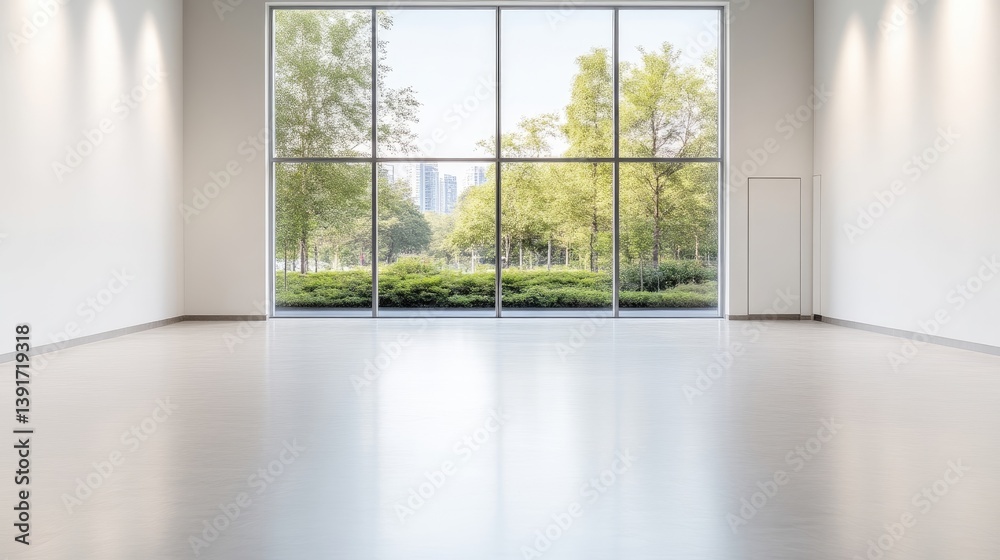 Fototapeta premium Empty Room Large Window Bright Minimalist Style High-Resolution Even Lighting Wide Angle View Polished Floor Open Space Natural Light Outdoors Serene Ideal for Real Estate Listings