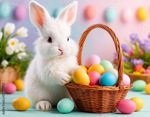 A fluffy white bunny holds a wicker basket filled with colorful Easter eggs, surrounded by vibrant flowers and pastel decorations, capturing the joyous spirit of the Easter holiday.