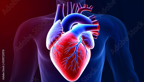 A detailed 3D illustration of the human heart, showcasing its intricate structure with vibrant blue and red hues, emphasizing its role as the central organ of the circulatory system.