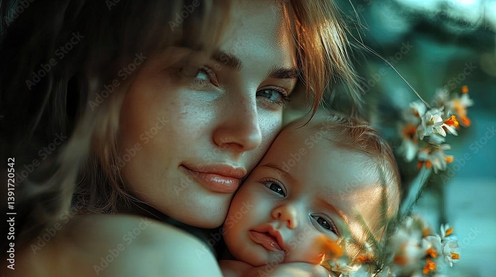 celebrate your first mother's day: a heartwarming poster of a mother and newborn surrounded by flowers and soft lighting - perfect for home décor and wall art!