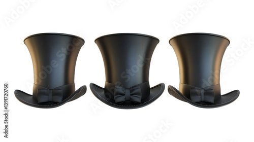 Pack of Magnificent Top Hat set of Three Different Poses set Against Transparent Background for Fashion, Event, or Vintage Promotion Projects photo
