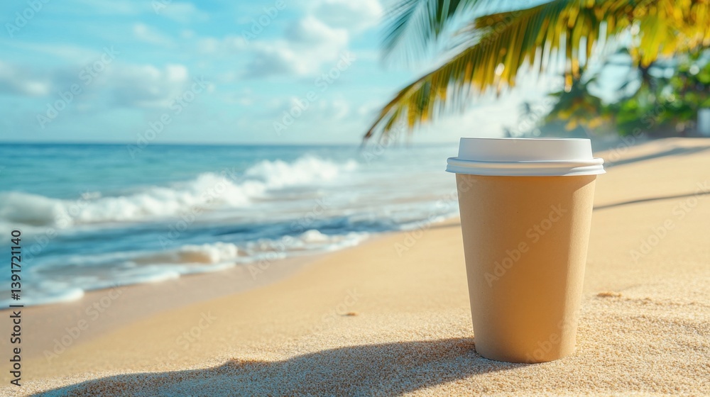 A takeaway coffee cup stands on a sunlit sandy beach with the ocean waves and palm trees in the background