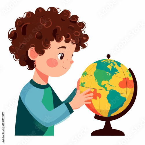 A curious boy is studying the globe, exploring the world with fascination