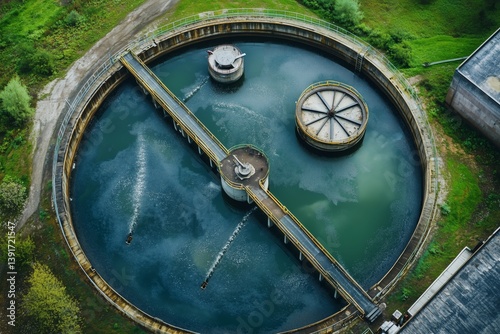 Aerial perspective of circular sedimentation tank used for water recycling in industrial chemical treatment processes