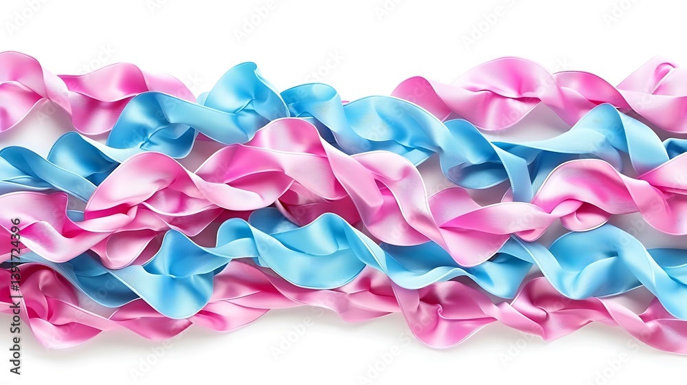 Beautiful Pink and Blue Ribbons Swirling Gracefully Across the White Background Beautiful Pink and Blue Ribbons Swirling Gracefully Across the White Background