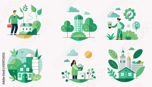 Vector set of eco and ecology icons featuring trees, cars, houses, and symbols for business, home, and children in a seamless, green design pattern