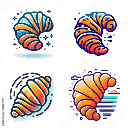 Colorful croissant illustrations in vibrant style with abstract designs  