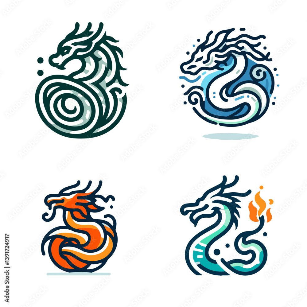 Abstract dragon illustrations in vibrant colors and styles Abstract dragon illustrations in vibrant colors and styles