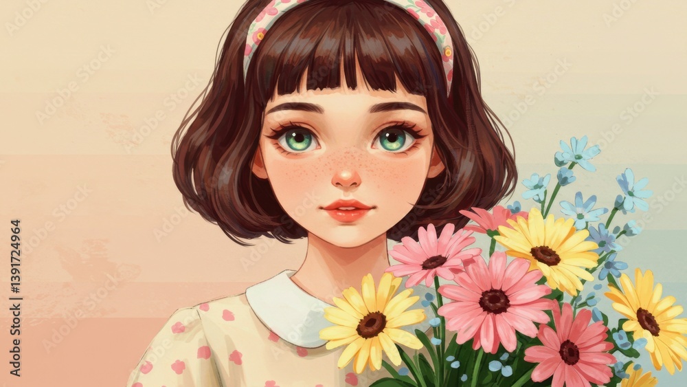 Fototapeta premium Cute illustration of a young girl holding a colorful bouquet of flowers.