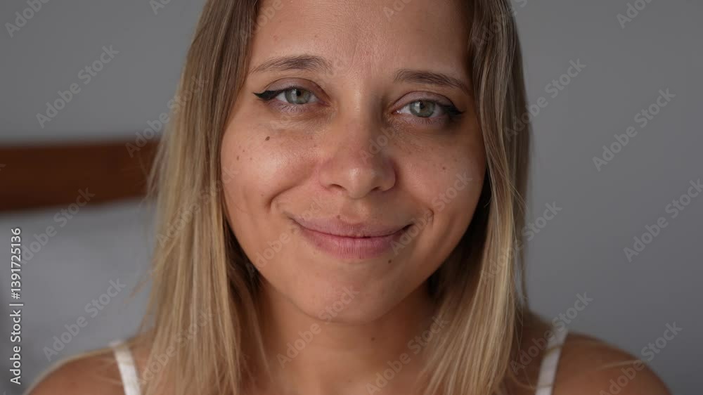 Close-up of a smiling young blonde woman looking into the camera with a soft, loving gaze and blowing a gentle kiss. A warm and affectionate moment full of tenderness, love and connection