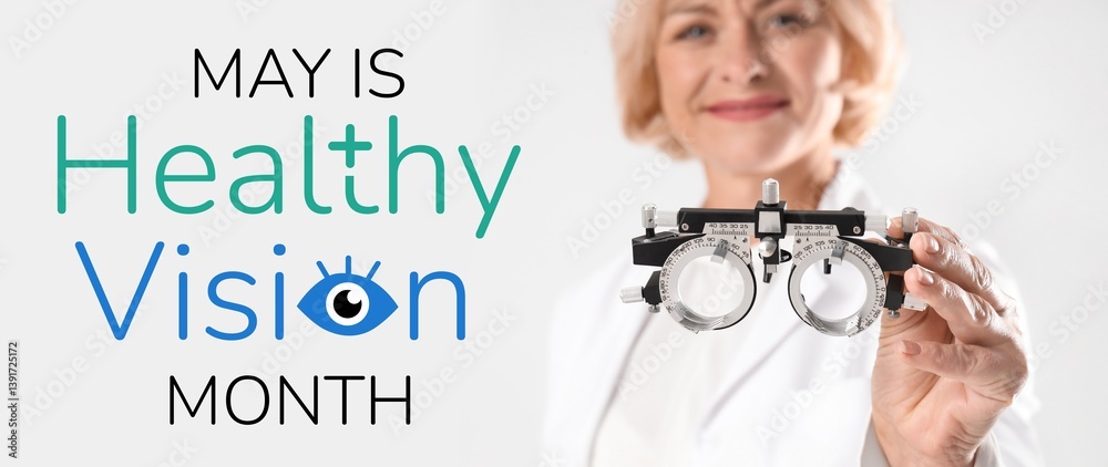 Female ophthalmologist with trial frame on light background, closeup. Healthy Vision Month