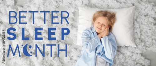 Photos Sleeping little girl with pillow and cotton clouds, top view