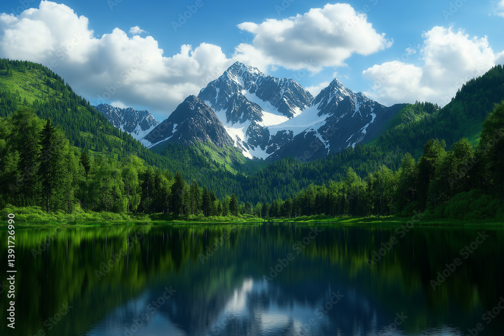 stunning mountain range with snow capped peaks reflecting in serene lake surrounded by lush greenery and vibrant trees under clear blue sky stunning mountain range with snow capped peaks reflecting in serene lake surrounded by lush greenery and vibrant trees under clear blue sky