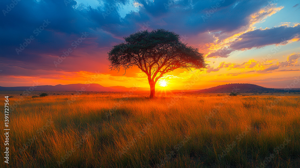 Fototapeta premium Majestic African Savanna Sunset with Dramatic Sky and Lone Acacia Tree in Golden Grassland