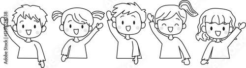 Line drawing of cute kids raising hands. Simple, flat. Vector illustration