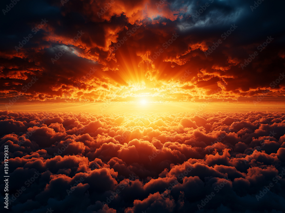 Fototapeta premium Breathtaking sunset over clouds with vibrant orange and red rays illuminating sky, creating dramatic and serene atmosphere