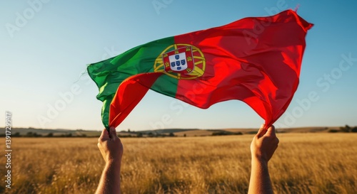 Portuguese Flag Waving in Golden Field under a Clear Sky A Stunning Display of Patriotism in Rural Portugal