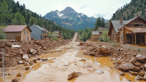 Muddy floodwaters inundate a mountain town, debris and rocks blocking the road, houses damaged.