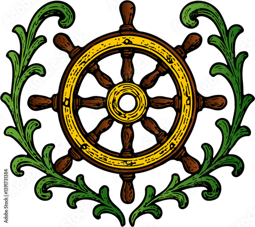 Nautical ornament. ship helm, steering wheel in sketch style. Vintage illustration