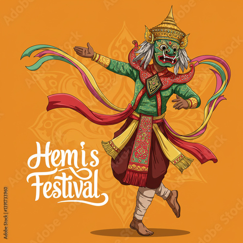 Dynamic Dancer Illustration Celebrating Hemis Festival Traditions

