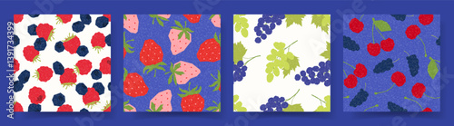 Set of seamless patterns with berries. Vector illustration with colourful summer berries. Summer bright patterns design for party, branding, covers, sale, events, promo flyers.