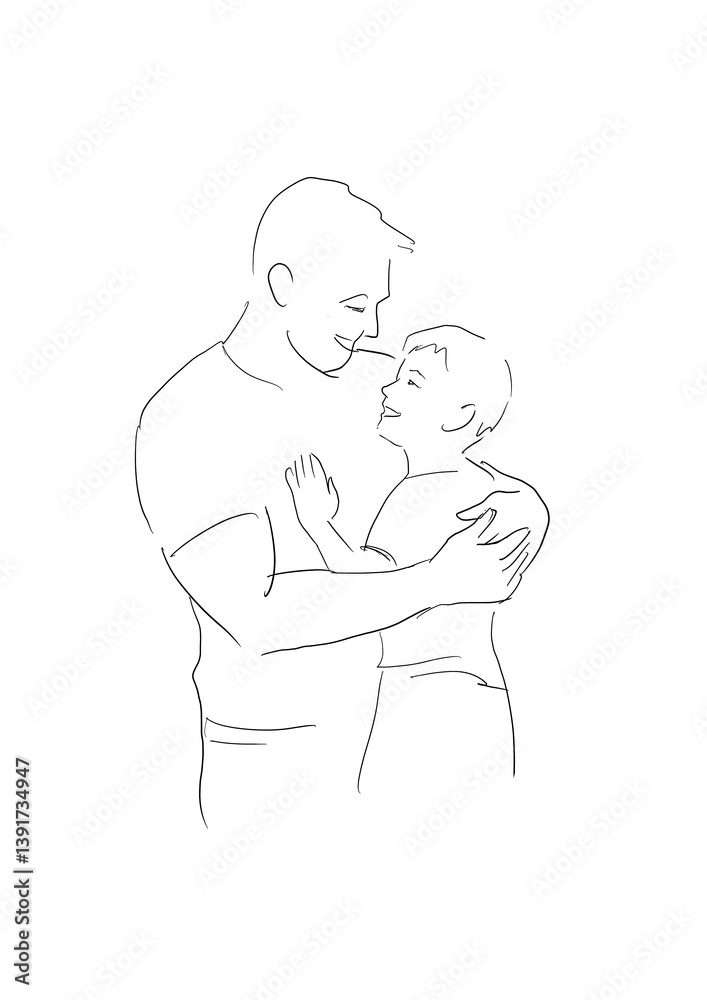 Father and son hugging, minimalist line art drawing Father and son hugging, minimalist line art drawing