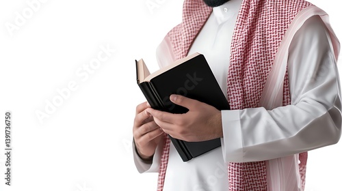 Muslim Teacher is Wearing White Saudi Dress and Red Shemagh, Standing and Holding a Black Book, Isolated on White Background : Suitable for Be Used in Content Related to Islamic and Education Theme.