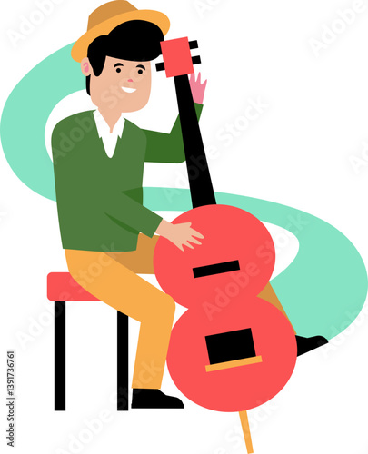 Illustration of a Man Sitting Playing the Bethot Bass, Design Inspiration, Vector, Illustration, Object, Character, Template