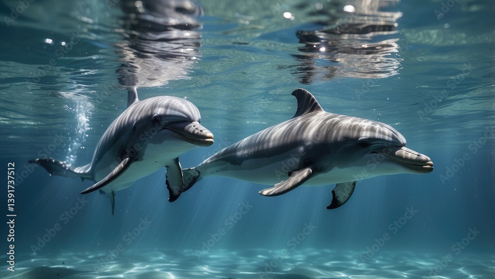 Naklejka premium Two dolphins swimming in clear blue ocean water with sunlight streaming through the surface