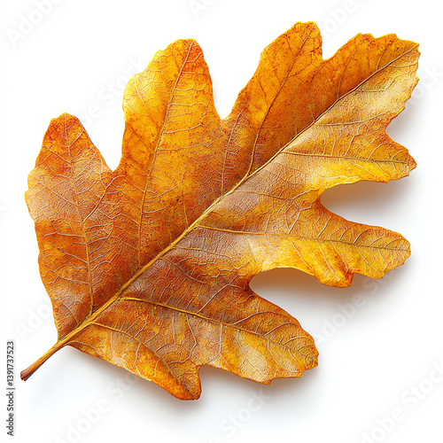 Dried oak leaf on a white background, showcasing rich autumn colors and intricate vein patterns.
