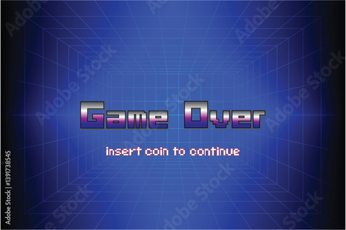 Game Over, Retro games for game assets in retro futuristic sci-fi background vector illustration. Glowing neon from an old arcade