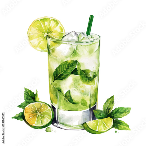 Mojito, watercolor illustration, isolated on a white background.

