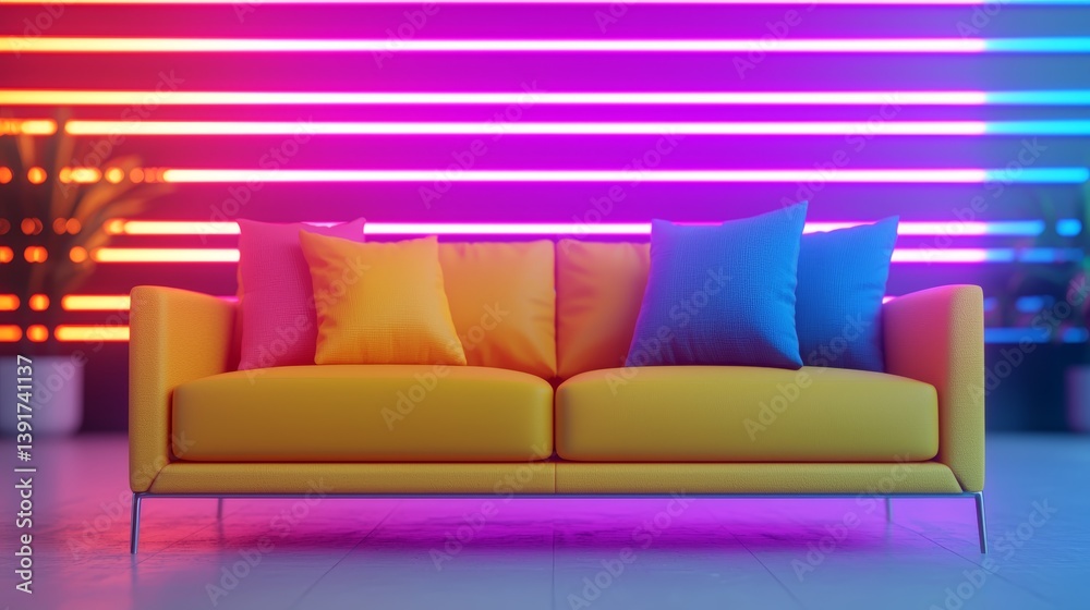 Vibrant Yellow Sofa with Colorful Cushions against Neon Backdrop in Modern Setting Vibrant Yellow Sofa with Colorful Cushions against Neon Backdrop in Modern Setting