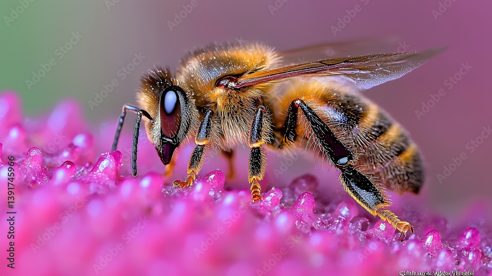 Honeybee foraging on pink flowers macro detail Honeybee foraging on pink flowers macro detail