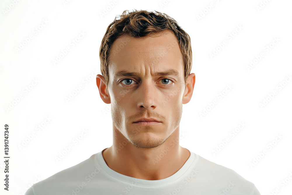 Fototapeta premium Serious man with short hair, dressed in a plain white t-shirt, isolated on a white background.
