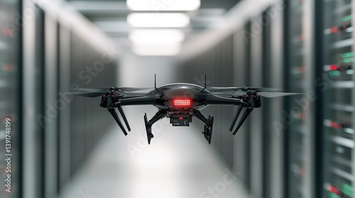 A sleek black security drone with scanning lights, guarding a data center