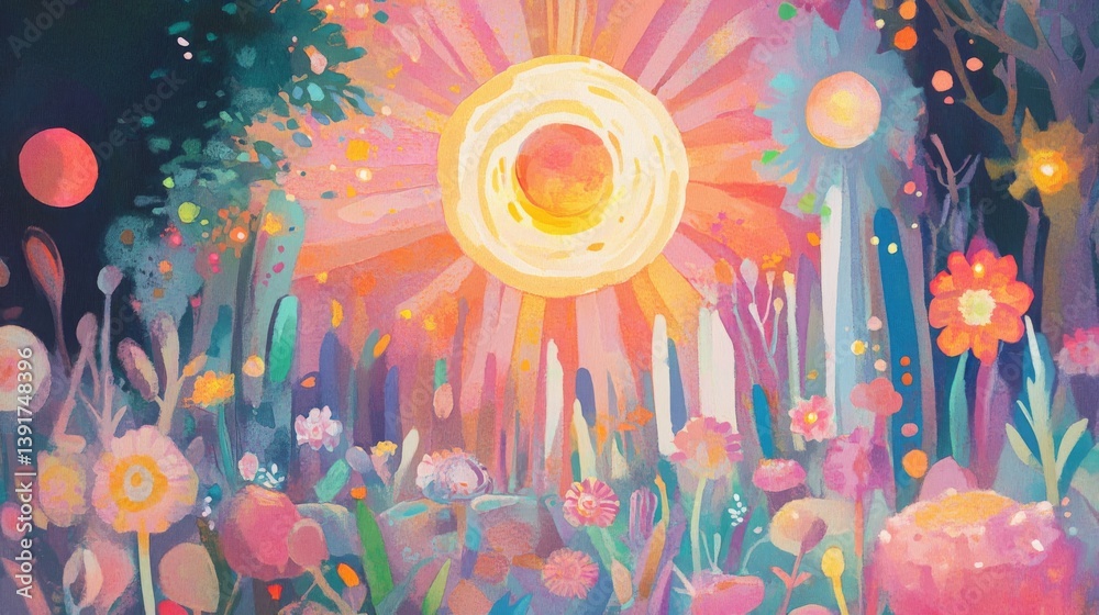 Obraz premium Vibrant garden scene glowing sun-like orbs amid colorful plants, creating a dreamlike, otherworldly floral landscape