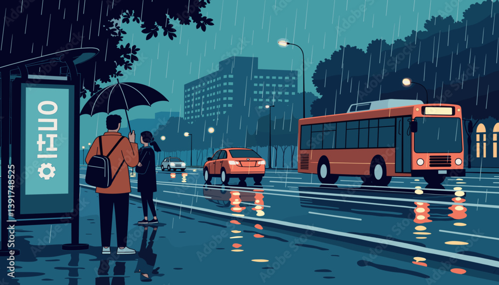 Two People Waiting for a Bus in the Rainy Cityscape