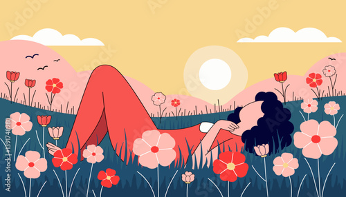 Woman relaxing in a flower field during sunset  