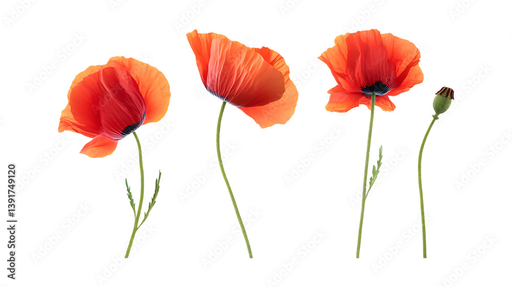 Obraz premium Pack of Poppy Set Against Transparent Background for Floral, Garden, or Nature-Themed Projects