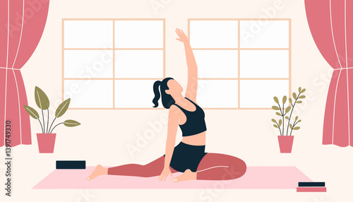 Woman practicing yoga in a bright studio with plants  
