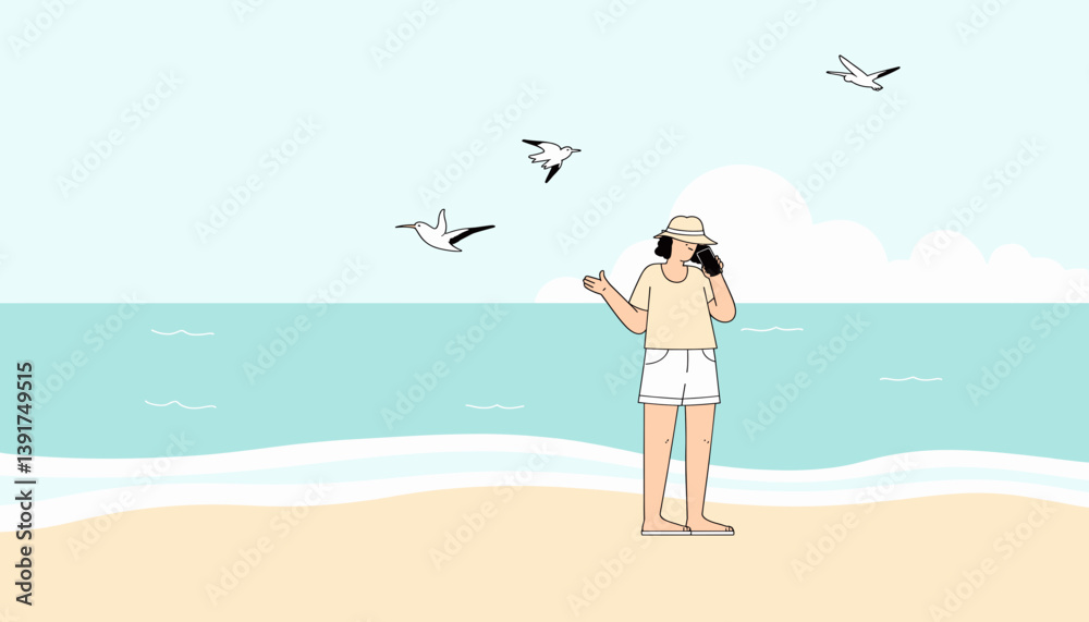 Person enjoying a sunny day at the beach with seagulls flying Person enjoying a sunny day at the beach with seagulls flying
