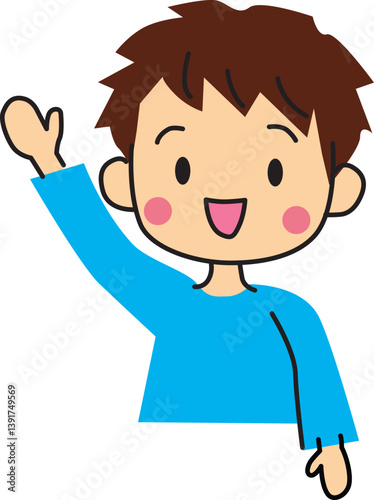 Illustration of a cute boy smiling and raising his hand. Colorful, simple, flat and light blue. Vector illustration