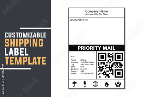 Editable Priority Mail Shipping Label Template Sheet with Barcode, QR Code and Package Information for Delivery and Logistics