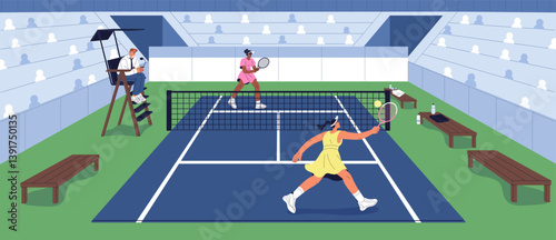 Big tennis players contest in competition, squash match. Sportswomen in uniform play with racquets on court. Women hit ball through net with rackets in sports game on stadium. Flat vector illustration