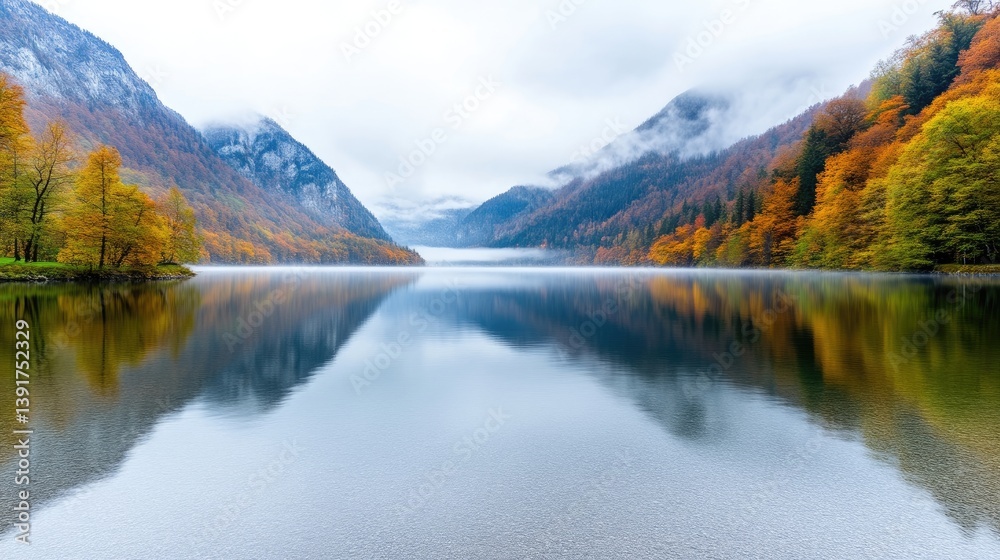 Alpine Lake Autumnal Trees Serene High-Definition Wide Angle Reflective Surface Tranquil Scene Misty Mountain Backdrop Cool Blue Tones Ideal for Travel Brochures