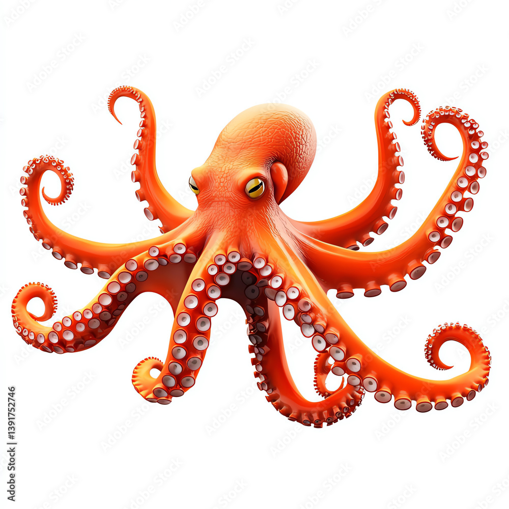Obraz premium Vibrant orange octopus with detailed tentacles, perfect for marine-themed designs, set against a white isolated background.